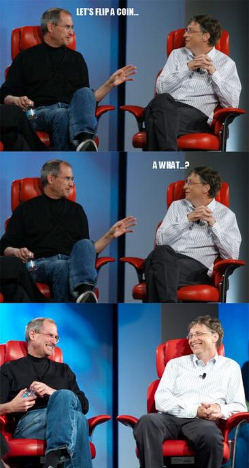 Steve Jobs and Bill Gates flip a coin