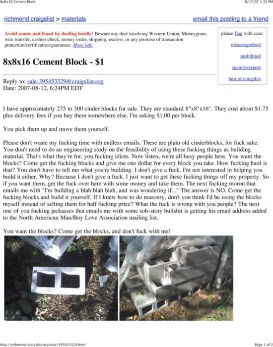 Selling cement blocks on Craigslist