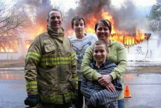 Family photo by the fire